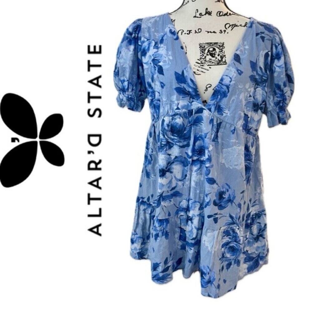 ALTAR D’STATE MINI DRESS SMOCKED OVERSIZED TIERED BLUE FLORAL SZ M FAIRY CORE